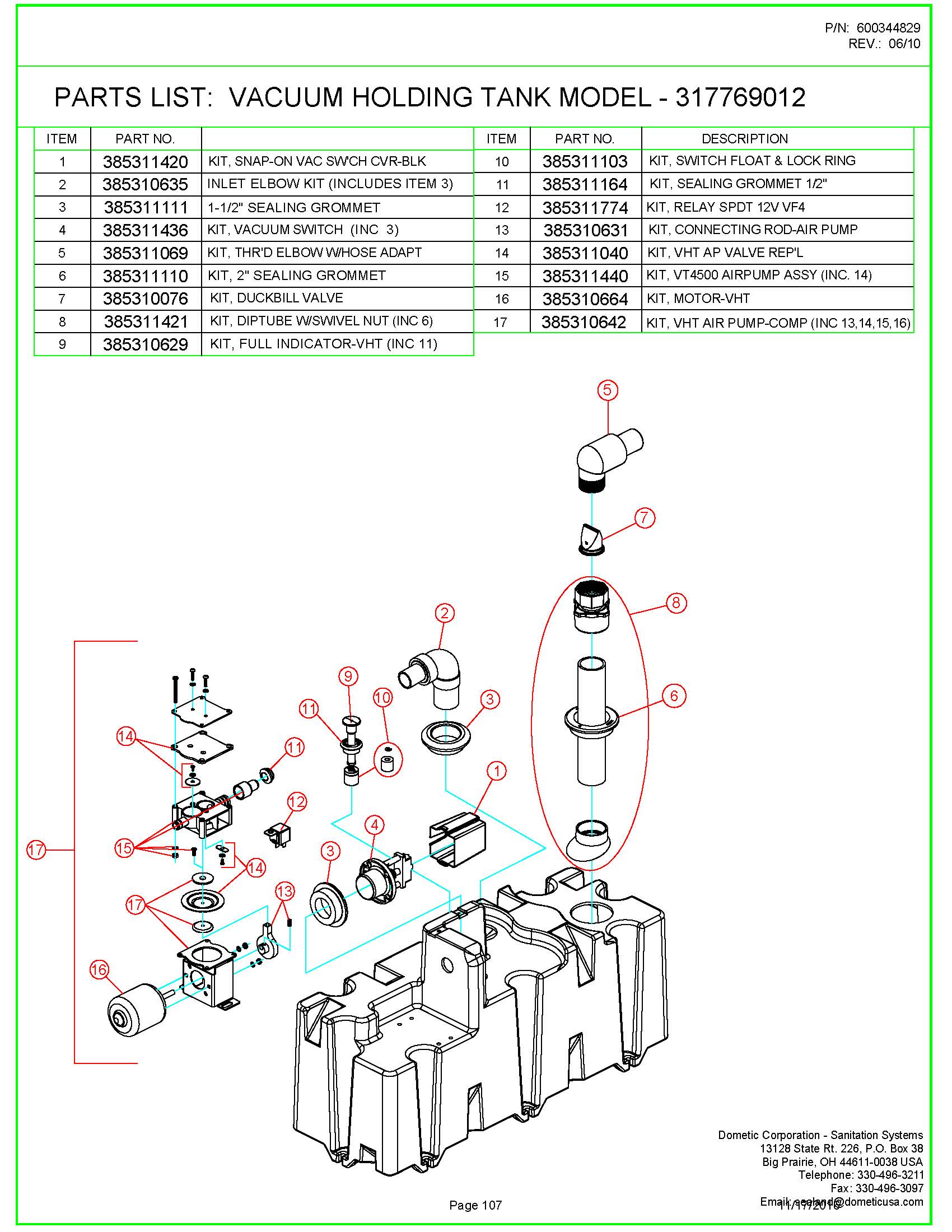 Sealand Dometic VHT12 Vacuum Holding Tank Spare Parts